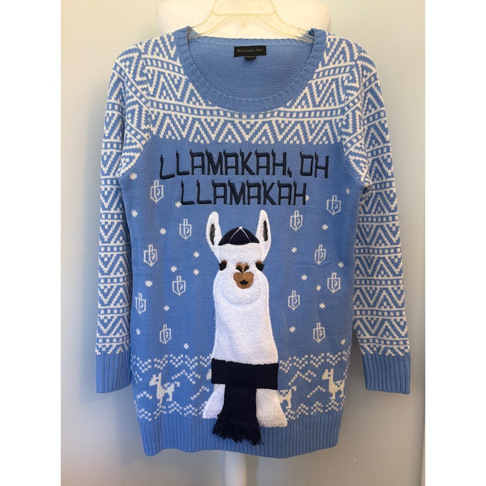 Blizzard Bay Llamakah Hanukkah Ugly Christmas Sweater / Dress  Blue Llama